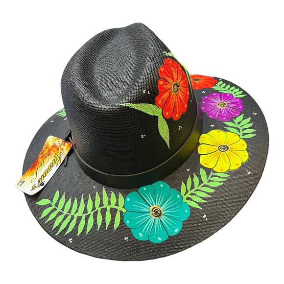 HAT MEXICAN Artisanal Hand Painted Fedora Floral Sombrero Panama Bohemian Black main image 9